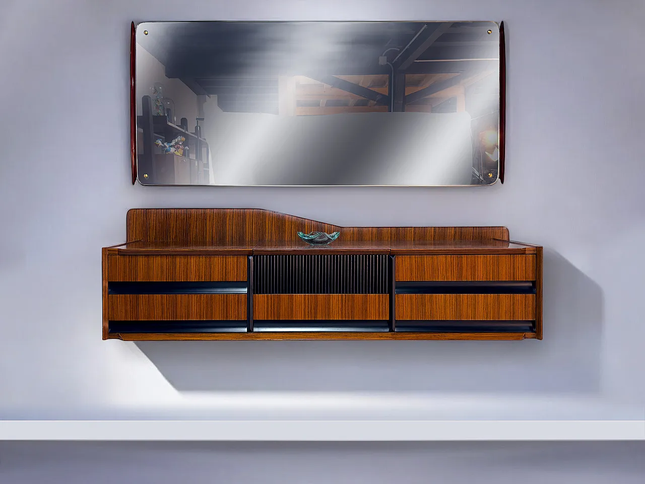 Credenza Mid-Century a parete con specchio, italiana, di Dassi, anni '50 13