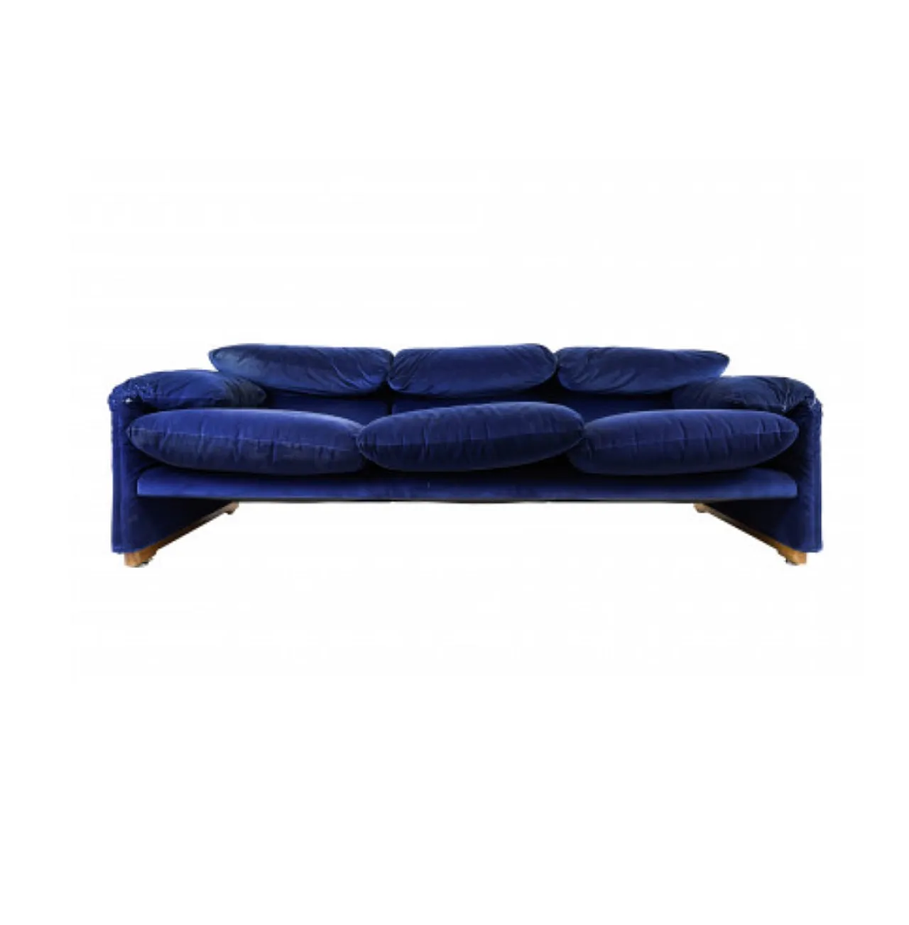 Maralunga 3 seats sofa by Magistretti for Cassina blue velvet, 70s 1