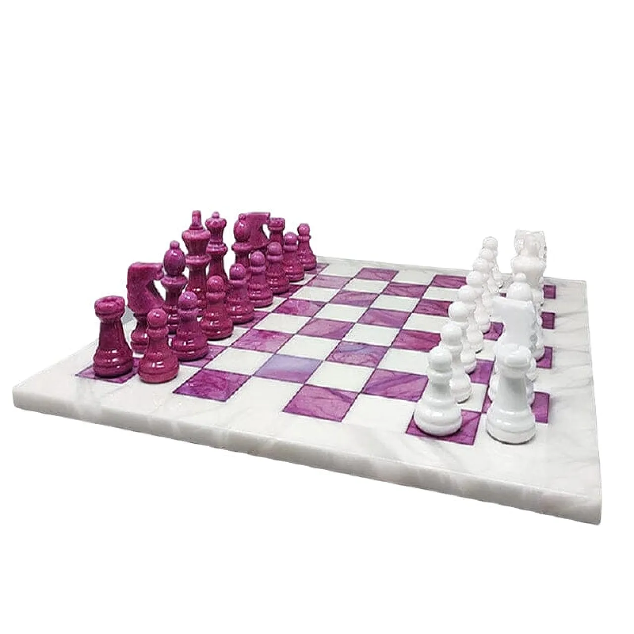 Pink and White Chess Set in Volterra Alabaster Handmade, 1970s 1