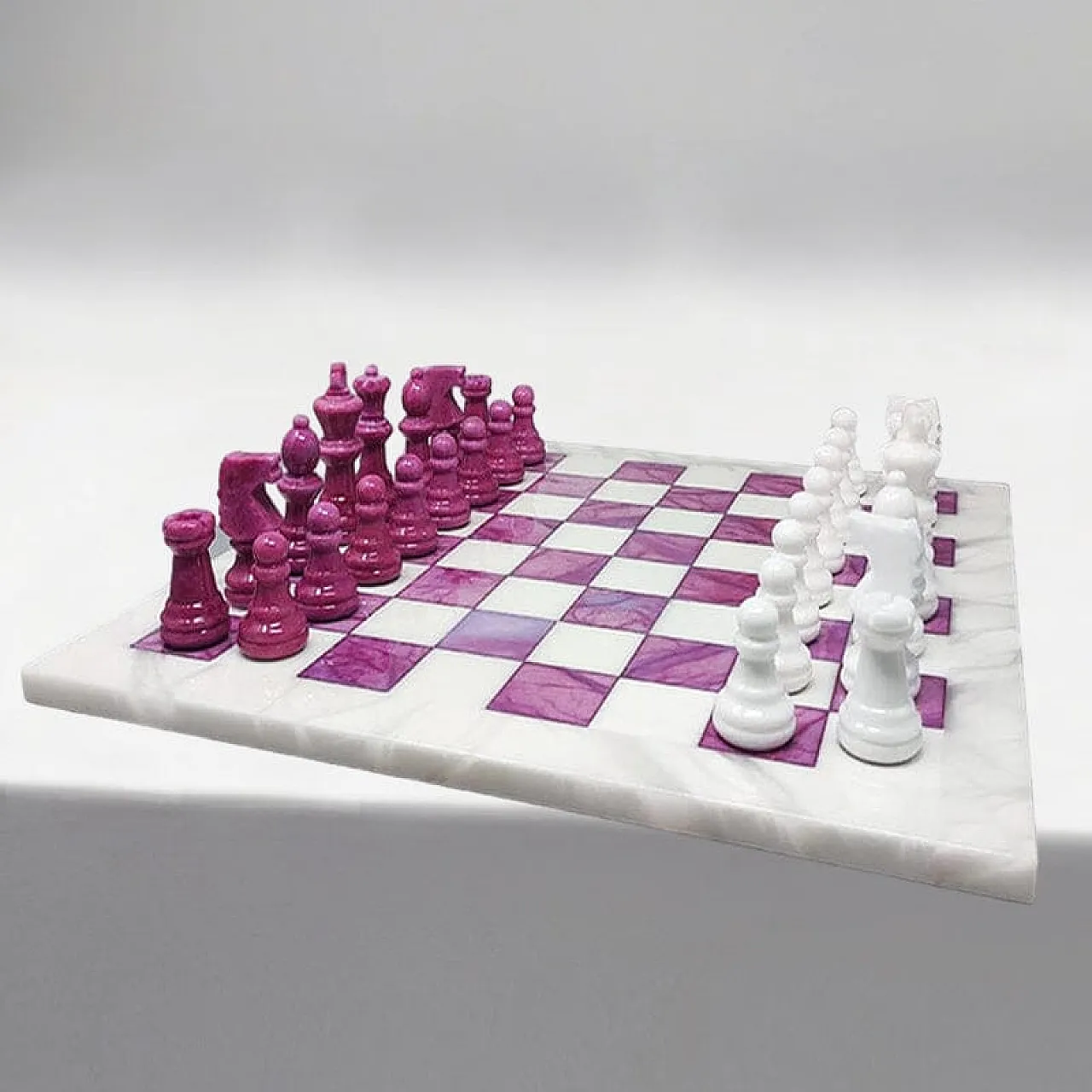 Pink and White Chess Set in Volterra Alabaster Handmade, 1970s 2