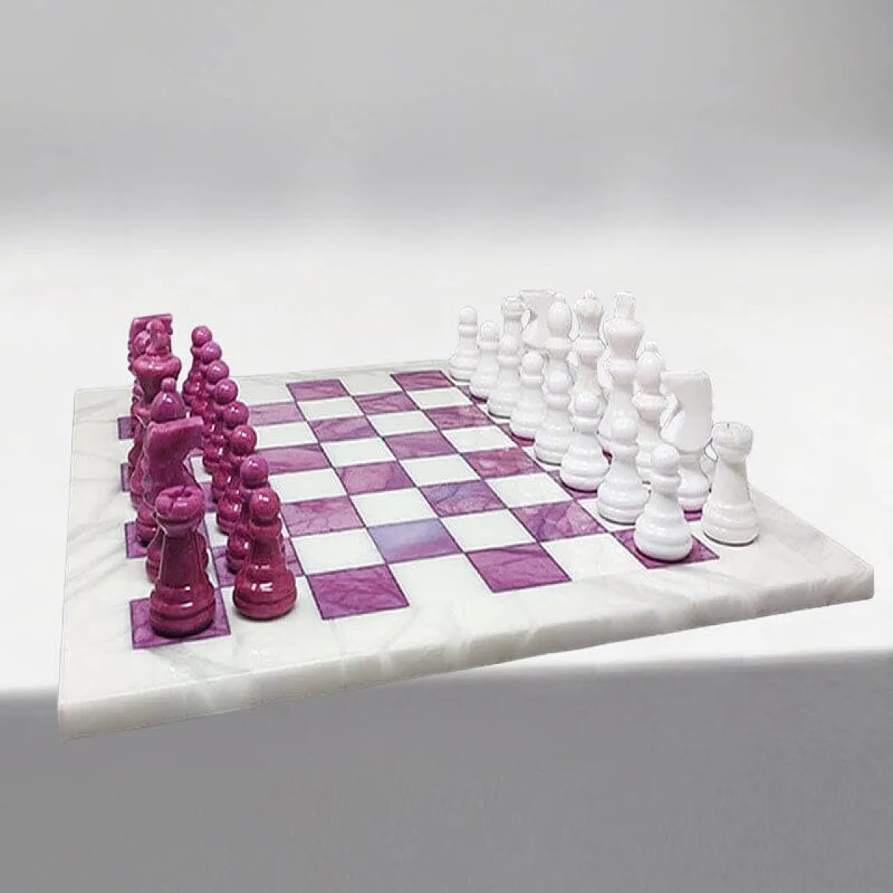 Pink and White Chess Set in Volterra Alabaster Handmade, 1970s 3