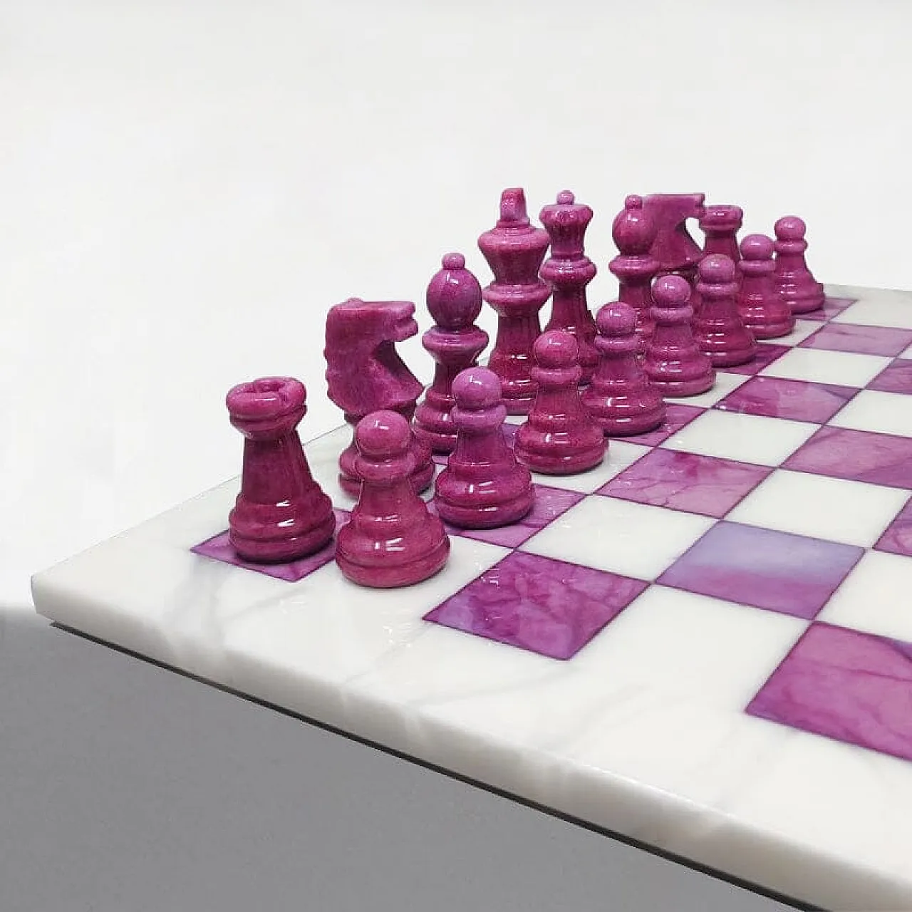 Pink and White Chess Set in Volterra Alabaster Handmade, 1970s 4