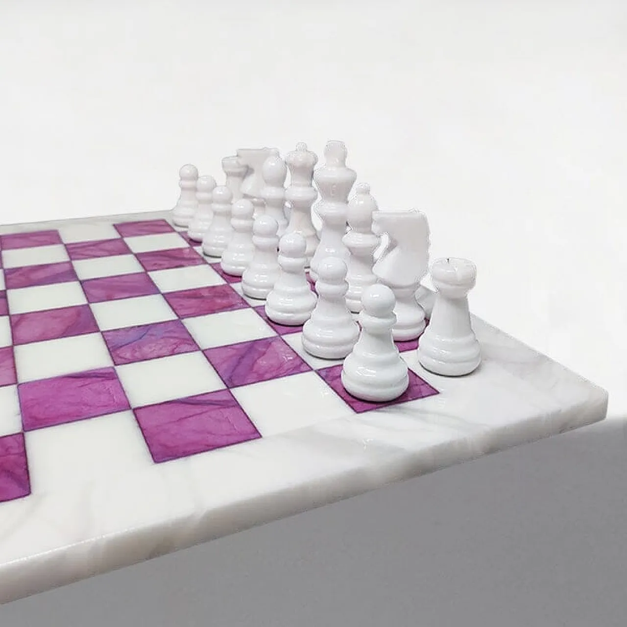 Pink and White Chess Set in Volterra Alabaster Handmade, 1970s 5