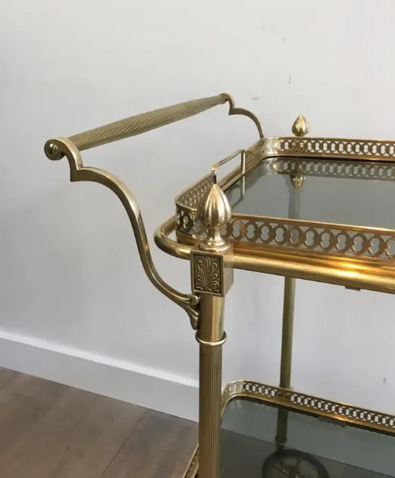 Brass drinks trolley with glass shelves, 1940s 6