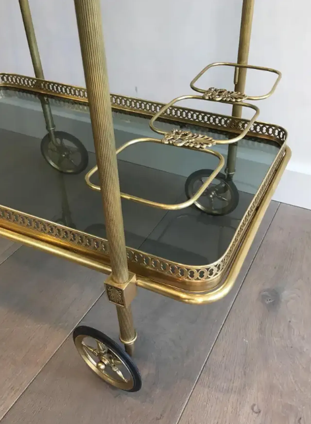 Brass drinks trolley with glass shelves, 1940s 9