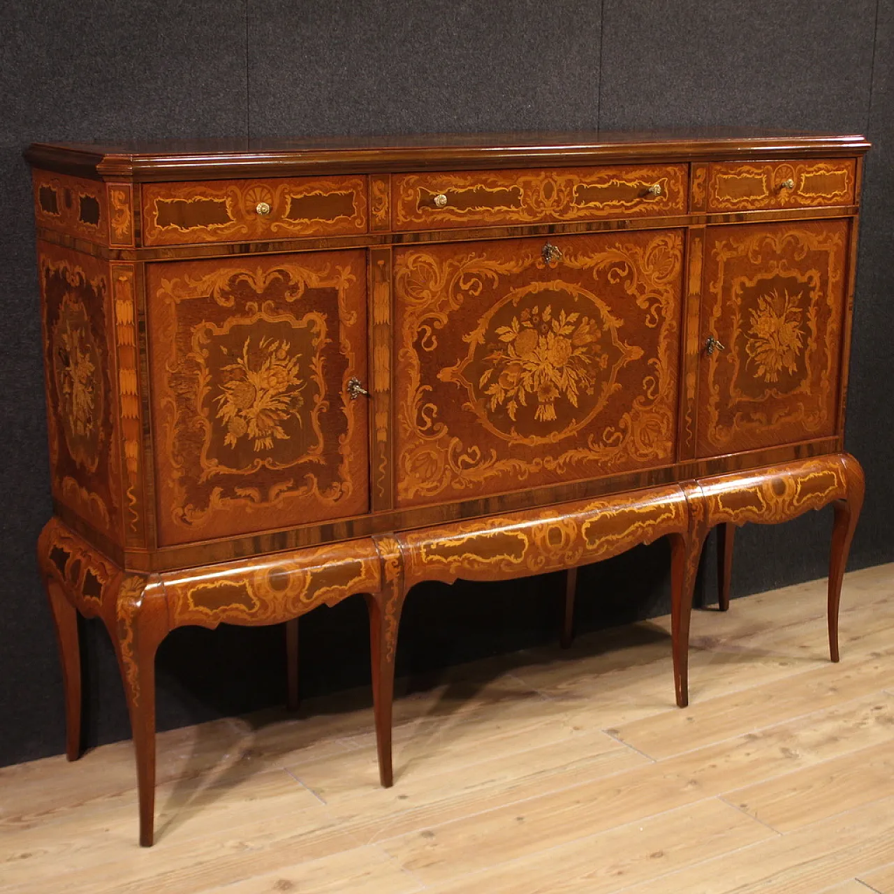 Large inlaid wooden bar cabinet sideboard, 20th century 1