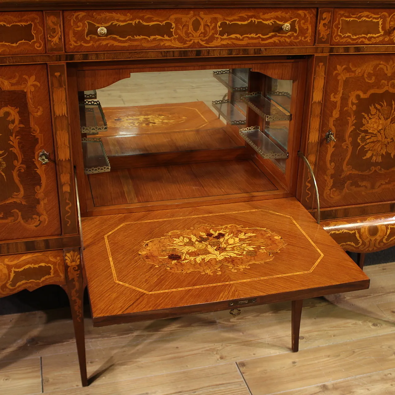 Large inlaid wooden bar cabinet sideboard, 20th century 4