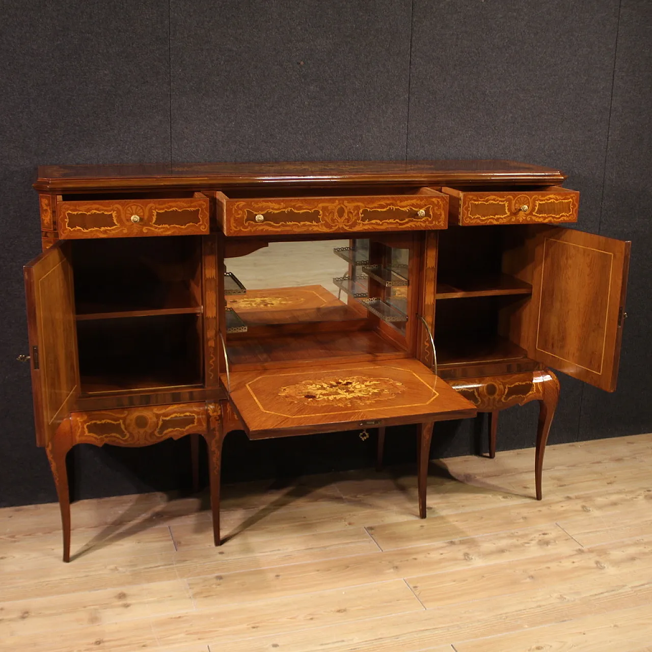 Large inlaid wooden bar cabinet sideboard, 20th century 5