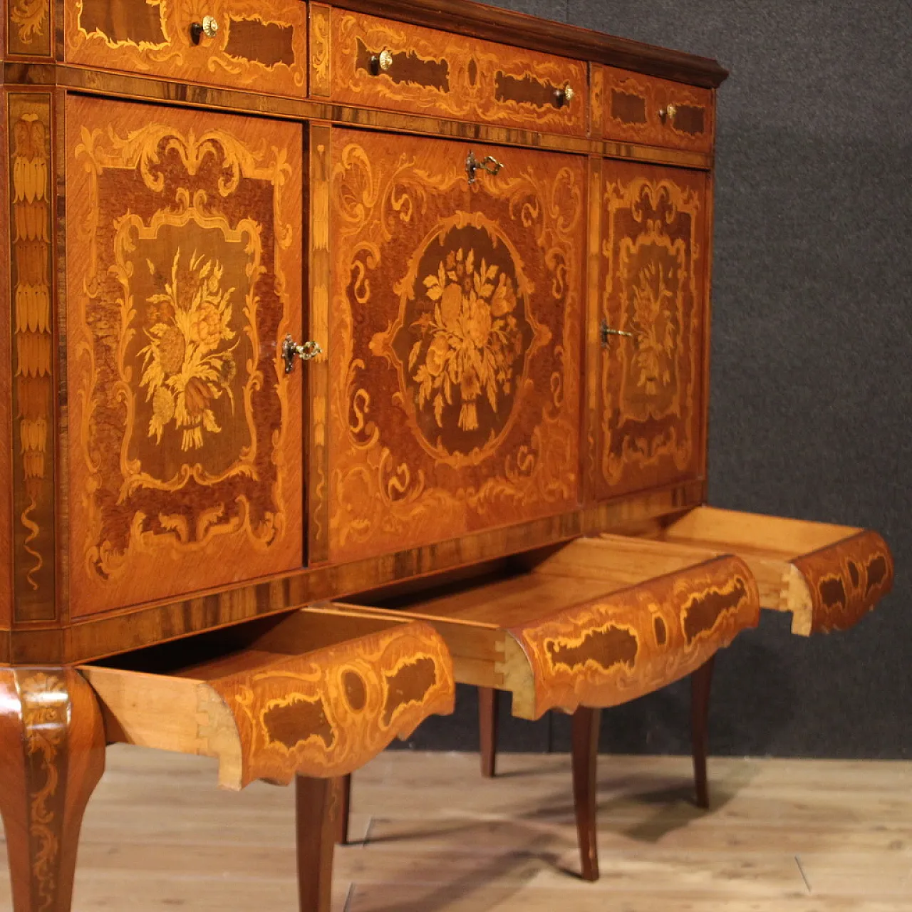 Large inlaid wooden bar cabinet sideboard, 20th century 7