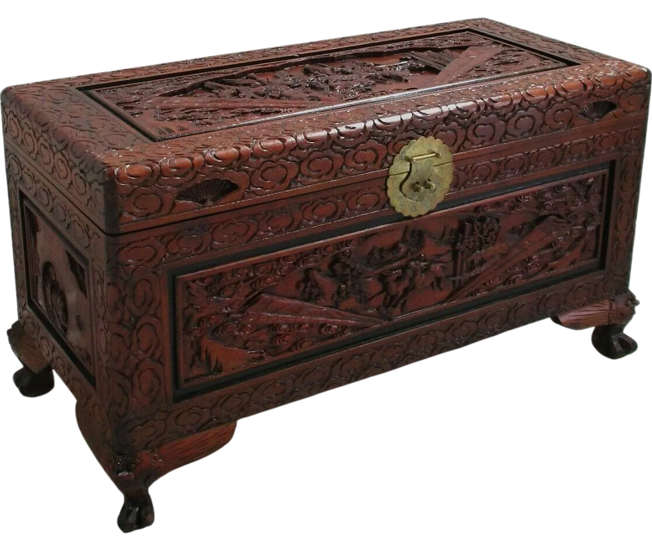 Chinese oriental trunk in carved and laquered wood, 20th century 11