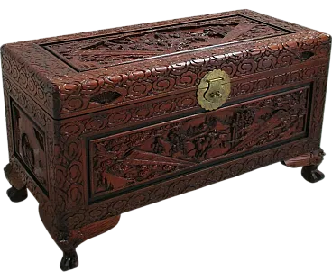 Chinese oriental trunk in carved and laquered wood, 20th century