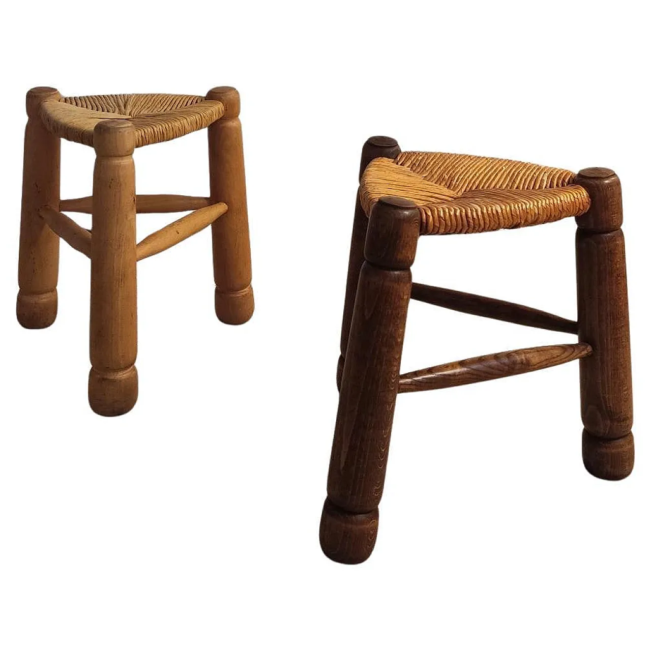 Wood and straw stools attributed to Charles Dudouyt, 1940s 1