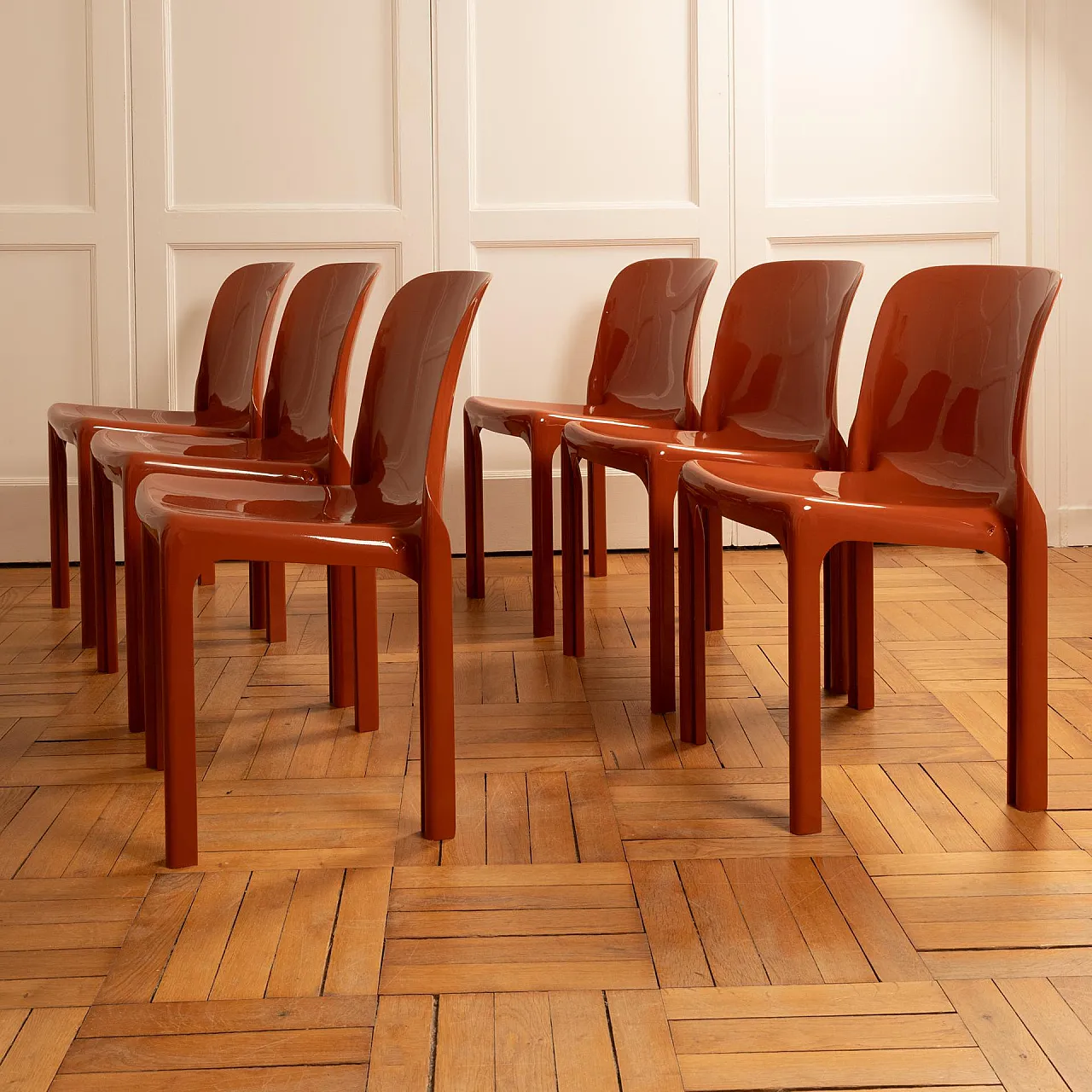 6 Ochre-coloured resin chairs by Vico Magistretti, 1970s 2