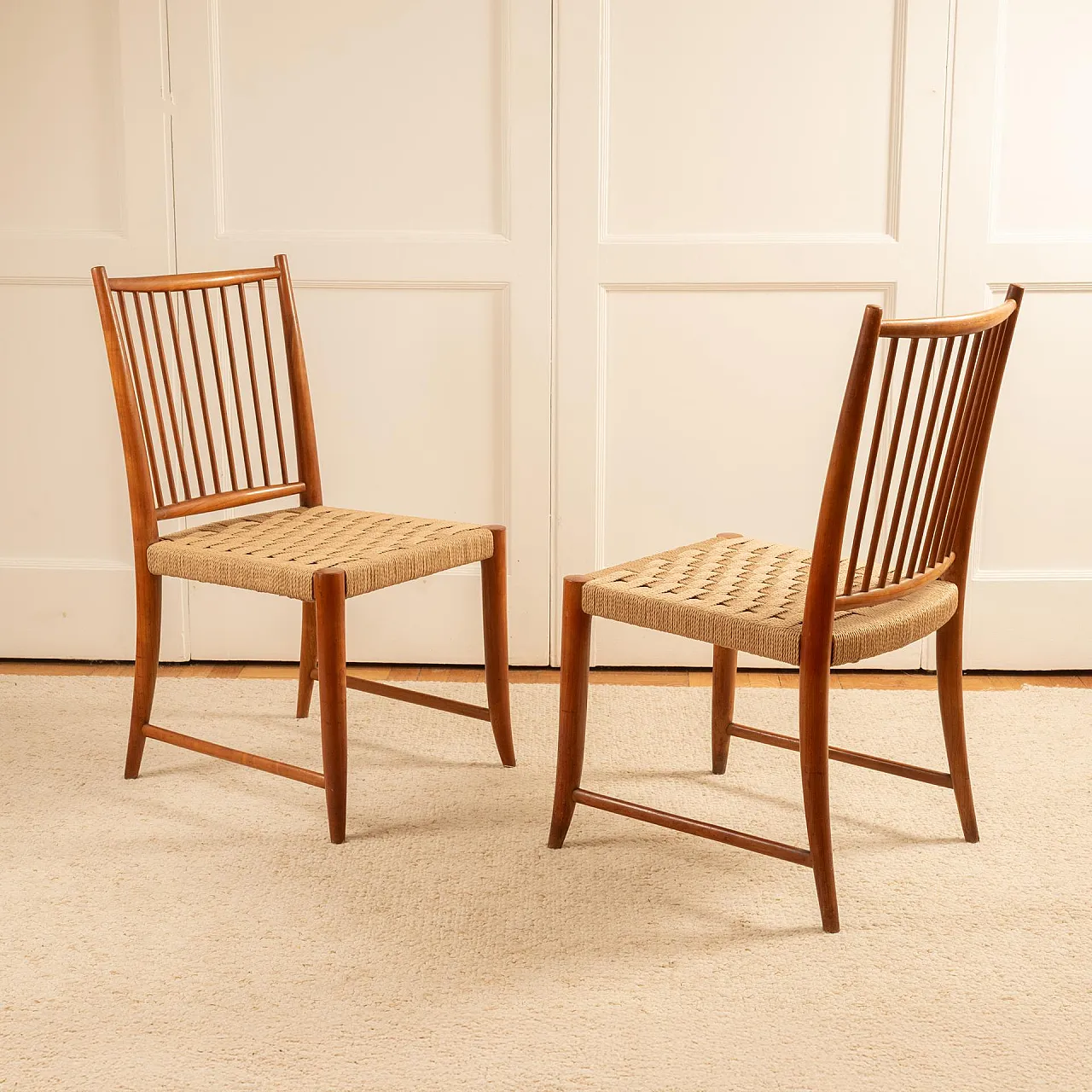 Pair of wooden and rope chairs by Paolo Buffa, 1950s 3