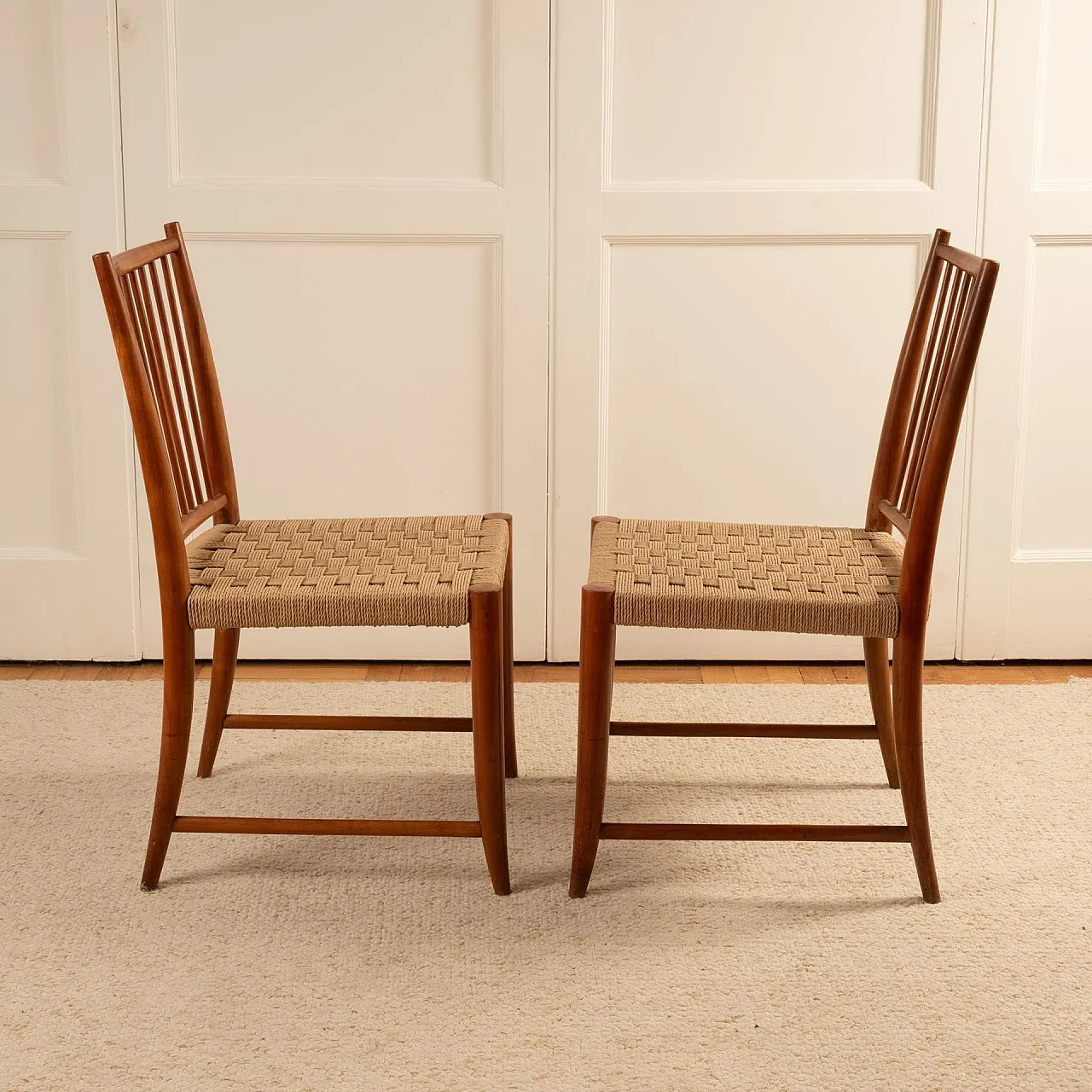 Pair of wooden and rope chairs by Paolo Buffa, 1950s 5