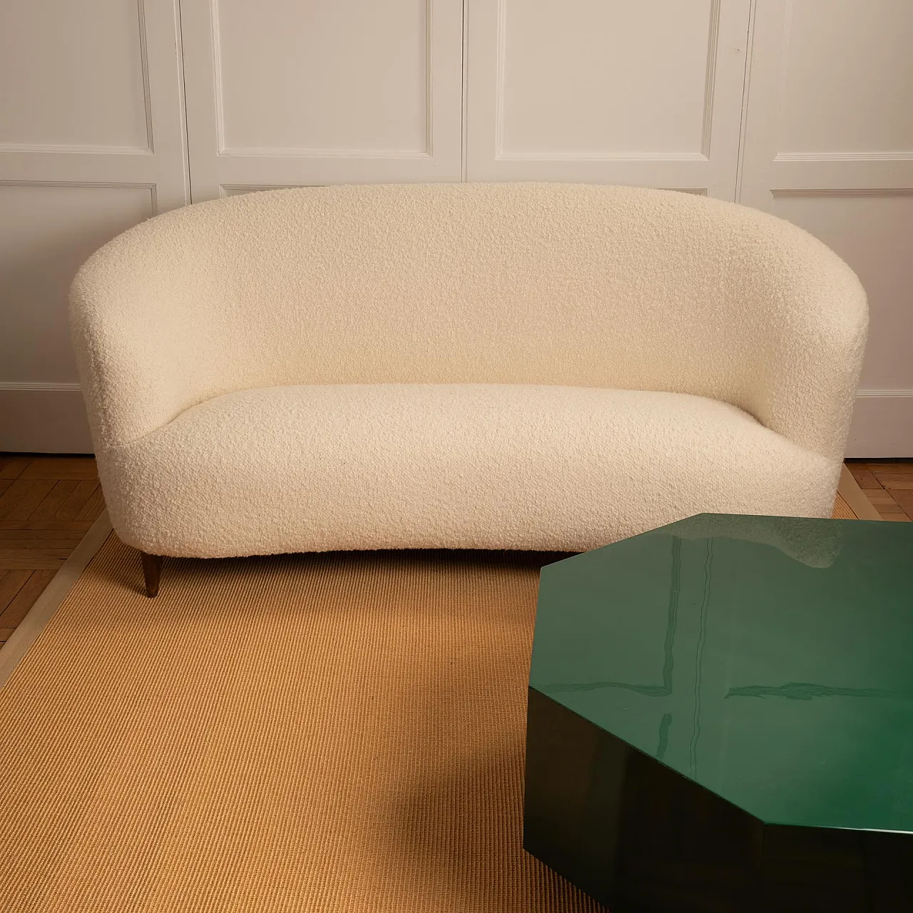 Cream-coloured bouclé sofa, 1940s 7