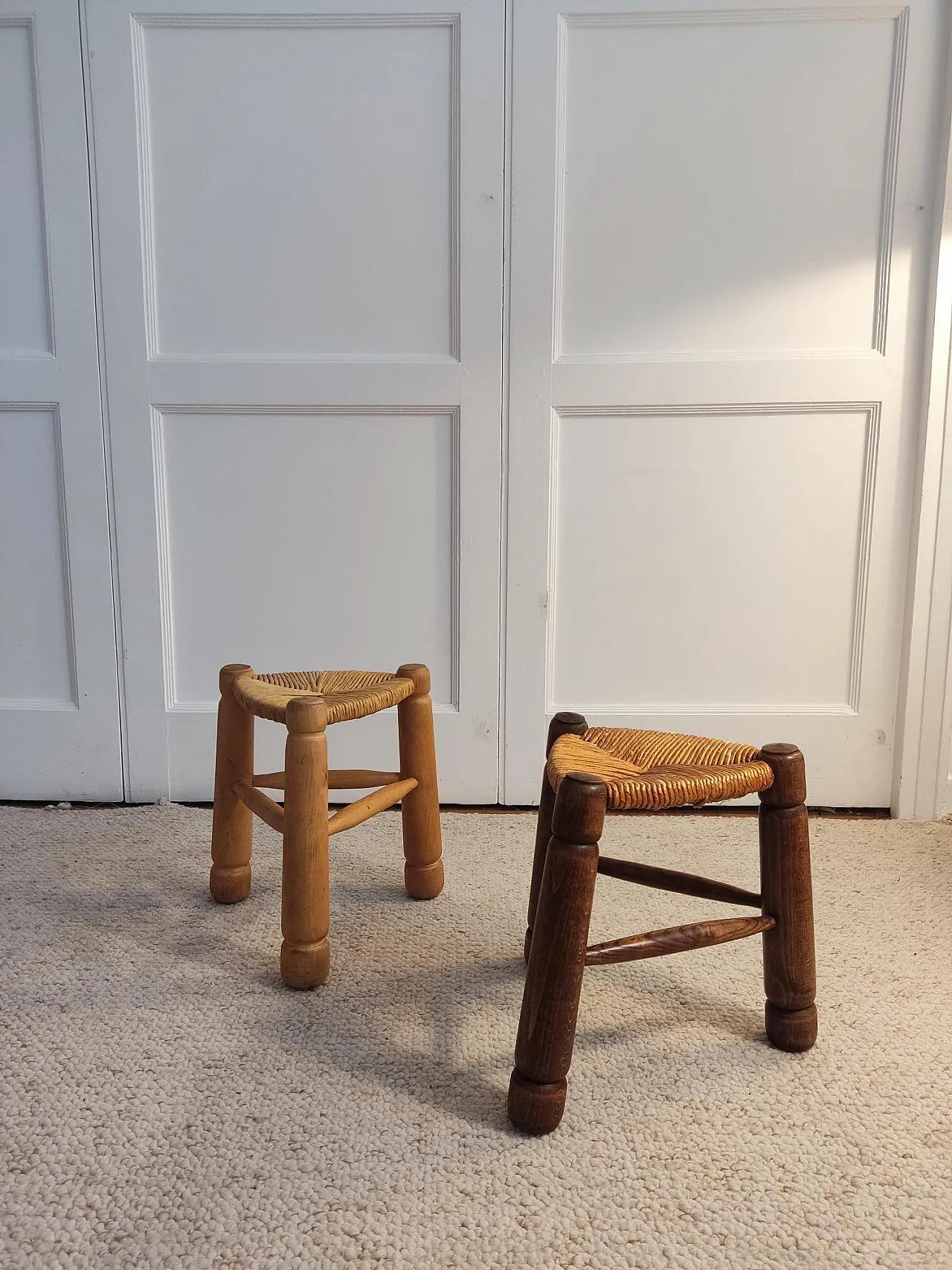 Wood and straw stools attributed to Charles Dudouyt, 1940s 6