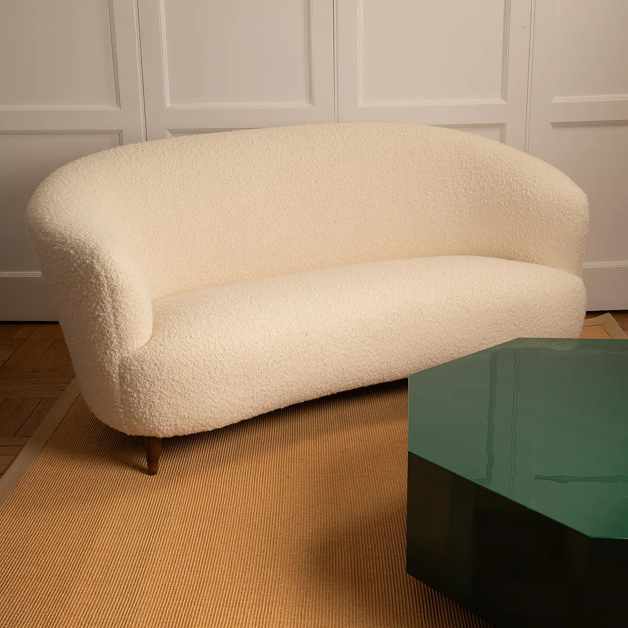 Cream-coloured bouclé sofa, 1940s 8