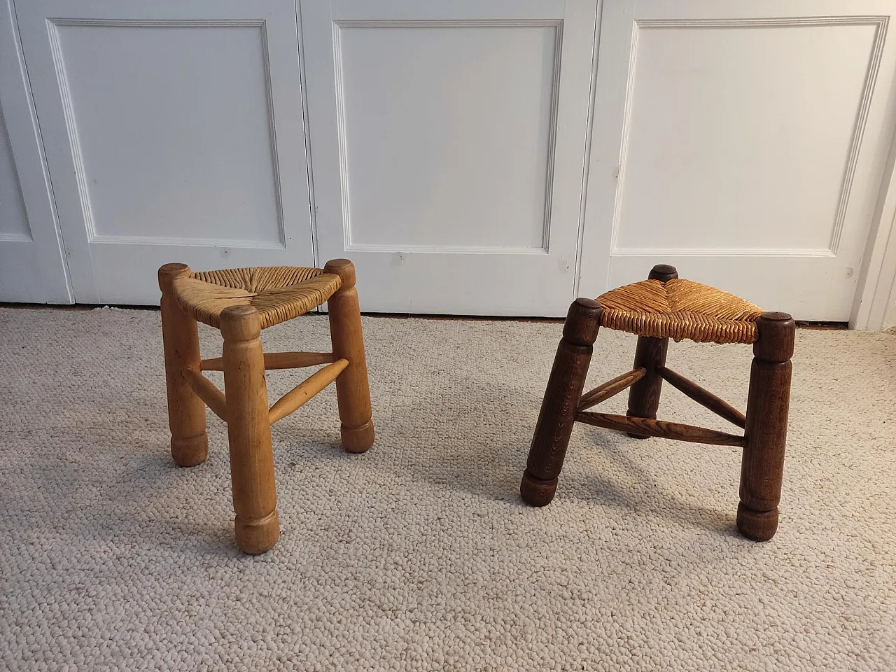 Wood and straw stools attributed to Charles Dudouyt, 1940s 9