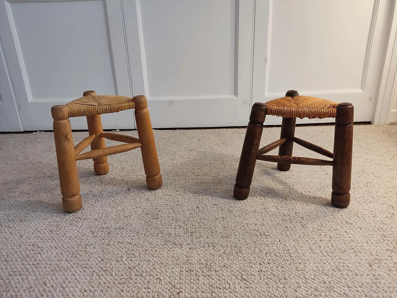 Wood and straw stools attributed to Charles Dudouyt, 1940s 10