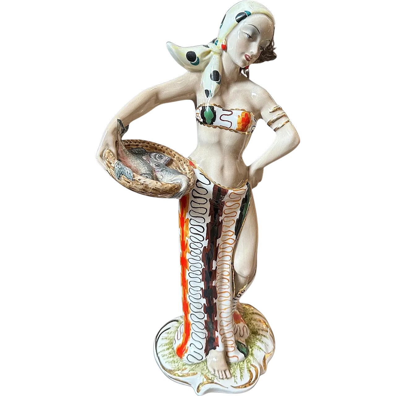 Figura di donna con pesci in ceramica, anni '50 14