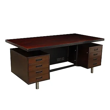 Walnut veneered wooden desk with metal legs, 1970s