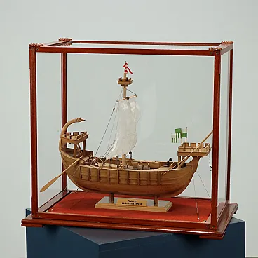 Ship model wood glass case handmade, 20th century