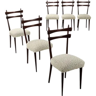 6 Vintage Chairs in beech, brass and white new fabric, 1950s