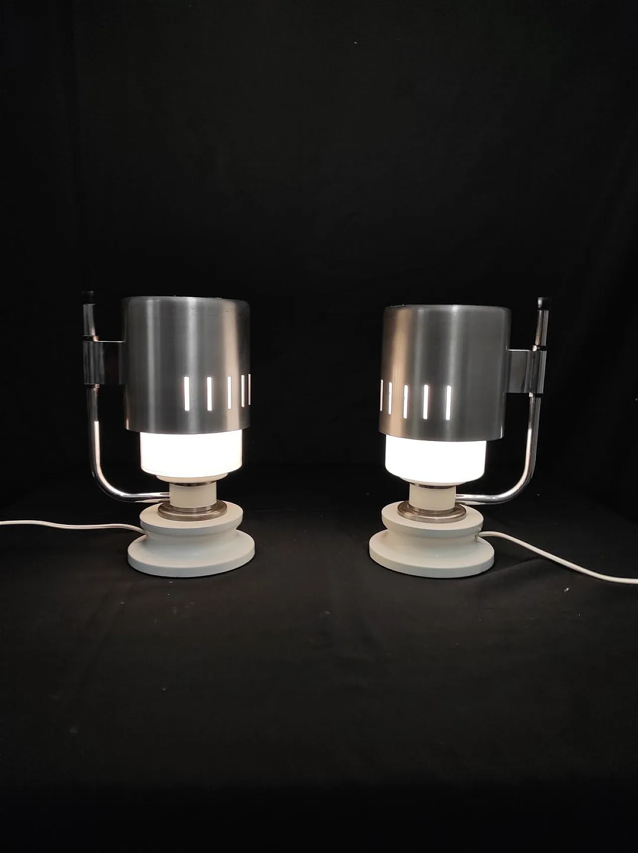 Pair of opaline glass and aluminum table lamps, 1970s 5