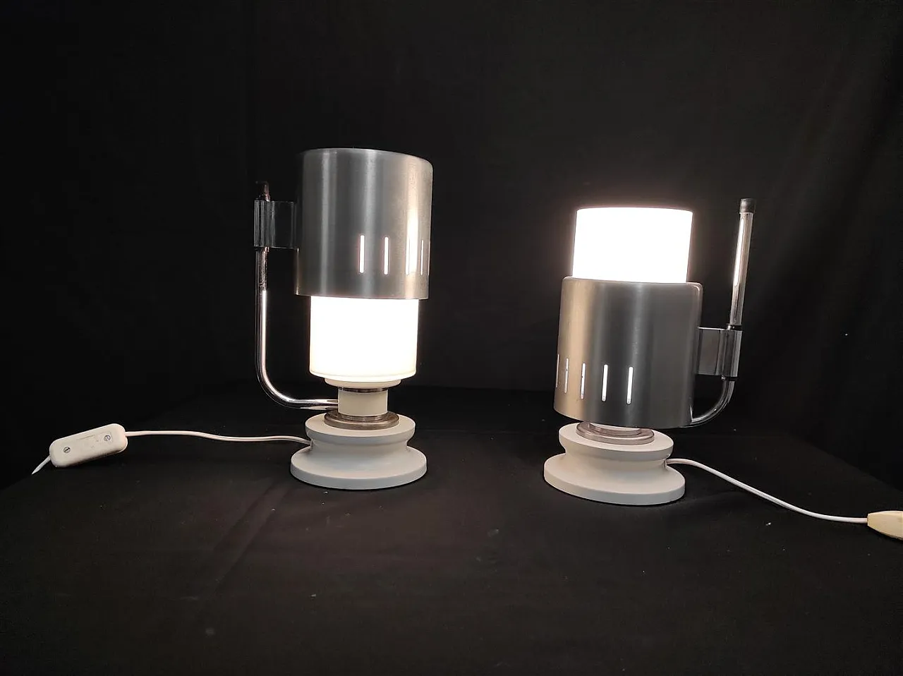 Pair of opaline glass and aluminum table lamps, 1970s 7