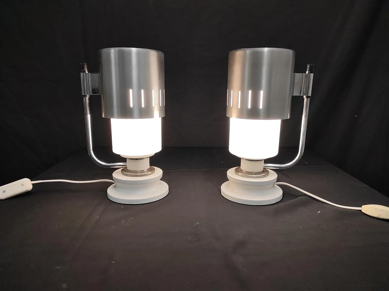 Pair of opaline glass and aluminum table lamps, 1970s 8