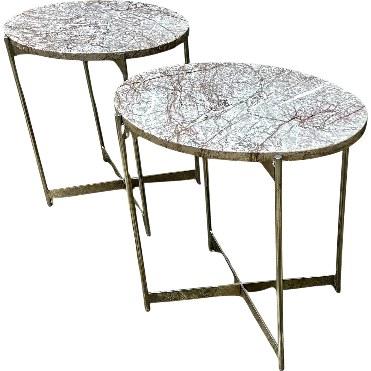 Pair of oval coffee tables in chrome-plated steel and marble, 1960s 13