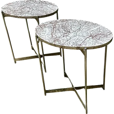 Pair of oval coffee tables in chrome-plated steel and marble, 1960s