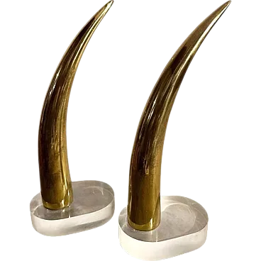 Coppia di fermalibri di Horn in lucite trasparente e ottone, anni '80