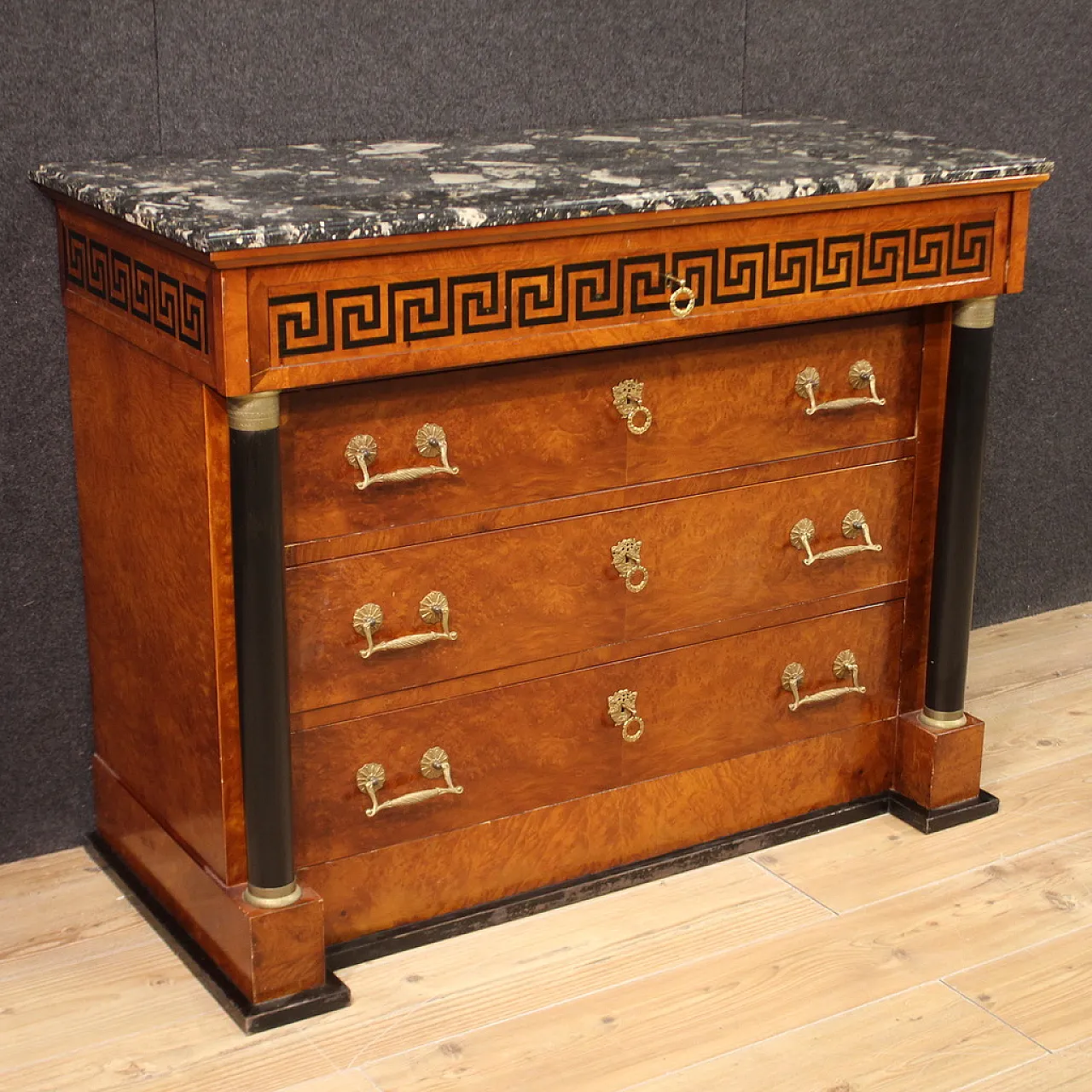 Empire style inlaid chest of drawers with marble top, 20th century 1