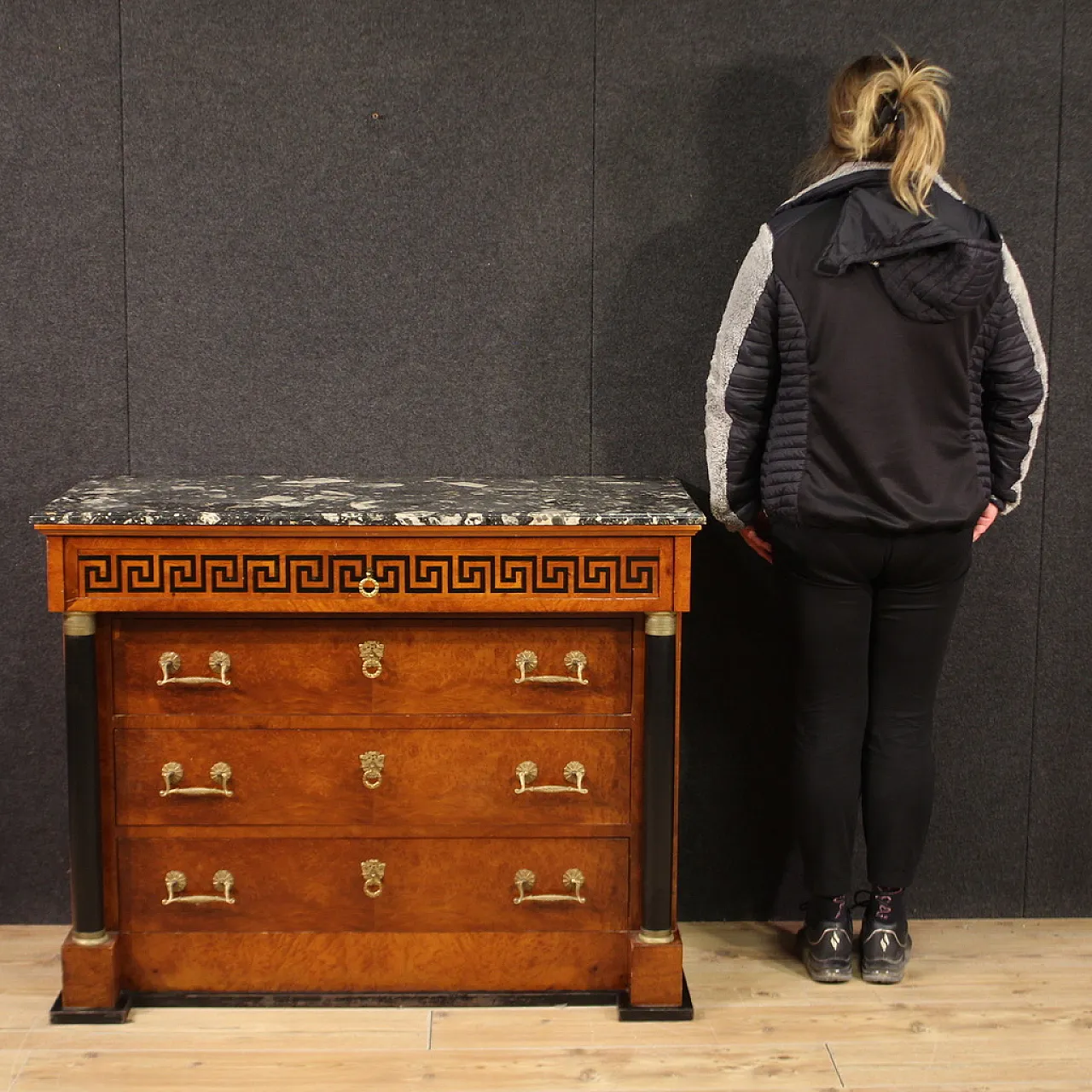 Empire style inlaid chest of drawers with marble top, 20th century 2