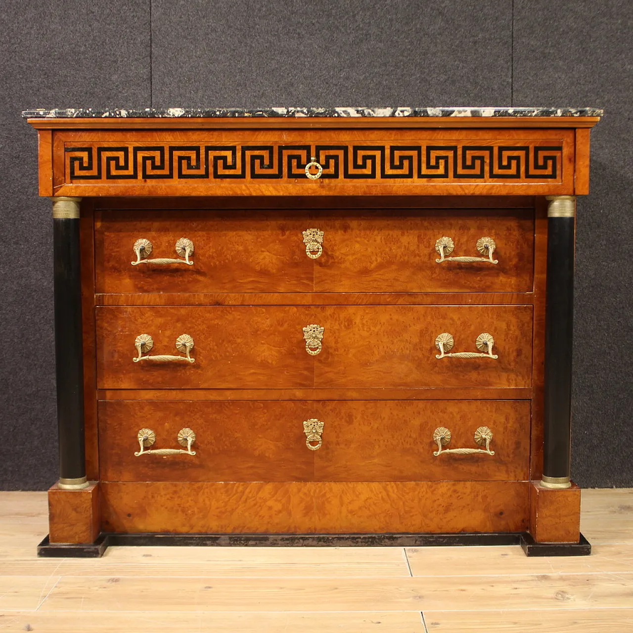 Empire style inlaid chest of drawers with marble top, 20th century 5