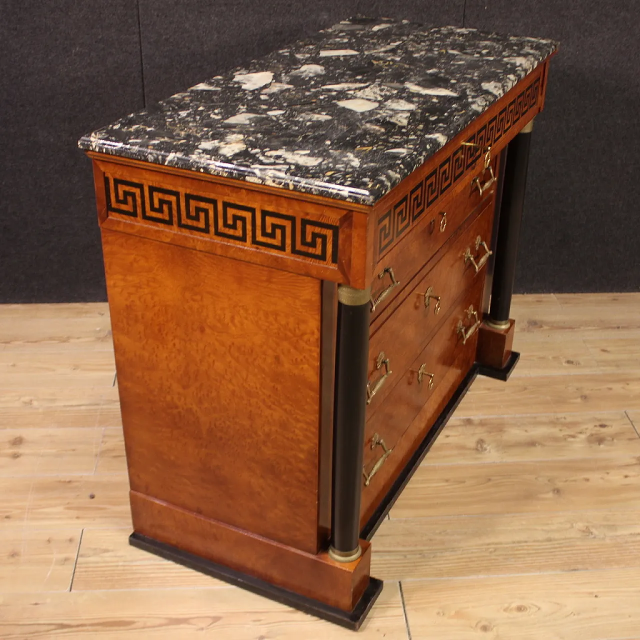 Empire style inlaid chest of drawers with marble top, 20th century 7