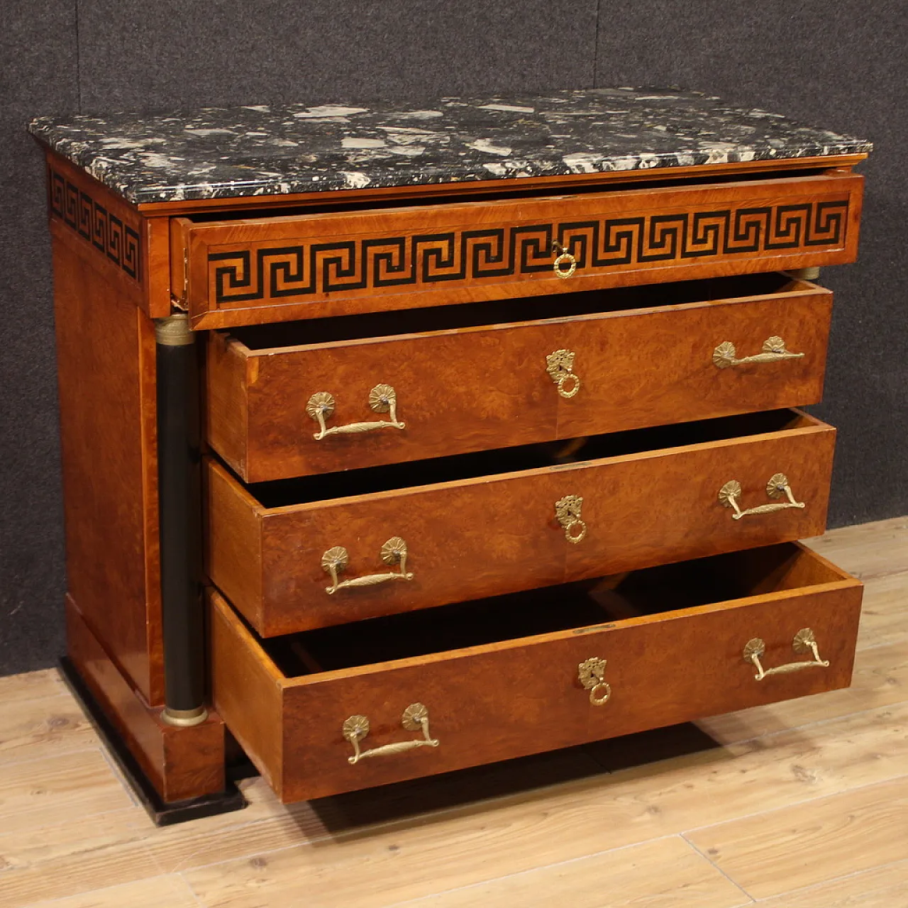 Empire style inlaid chest of drawers with marble top, 20th century 8