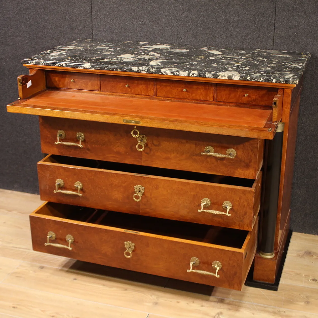 Empire style inlaid chest of drawers with marble top, 20th century 10