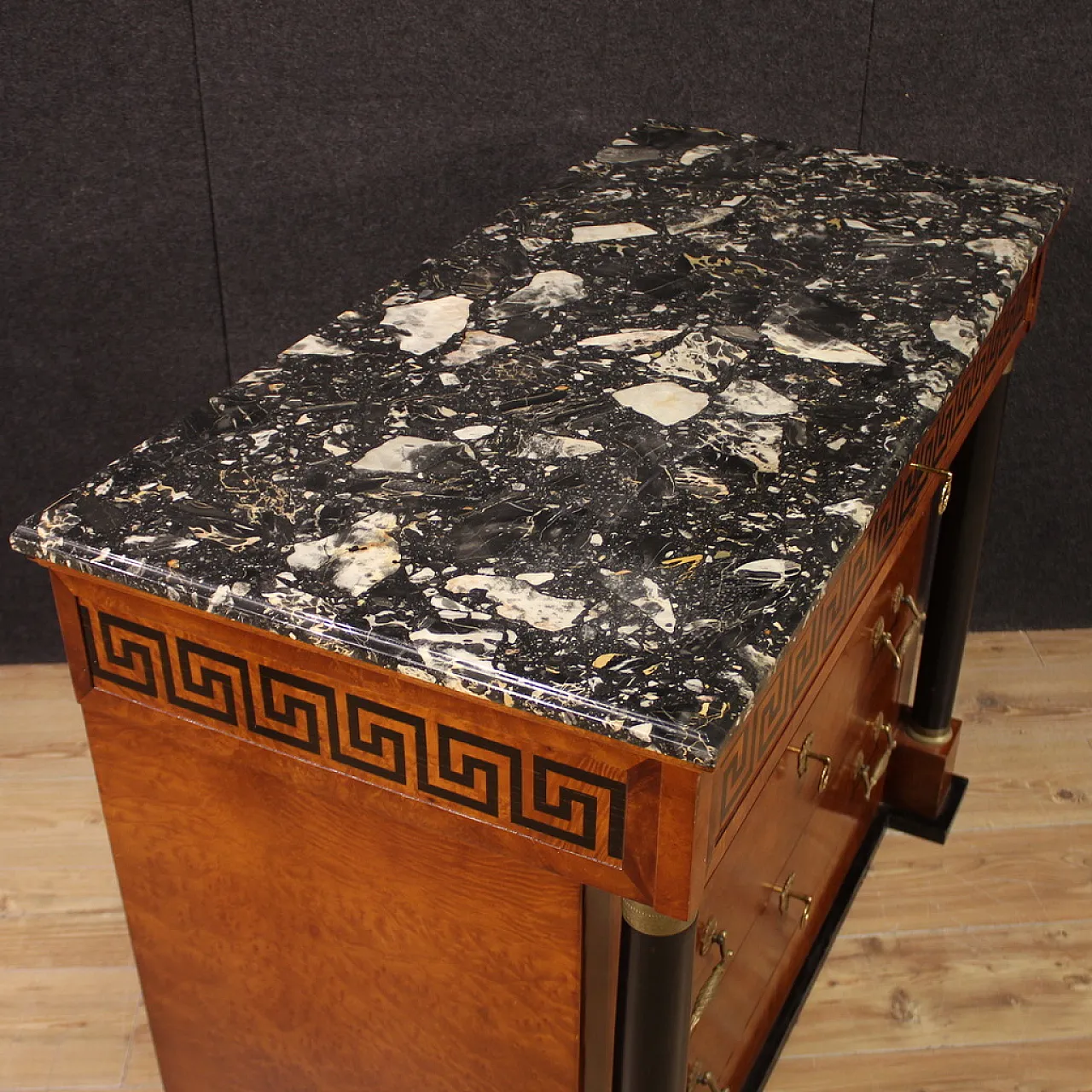 Empire style inlaid chest of drawers with marble top, 20th century 12