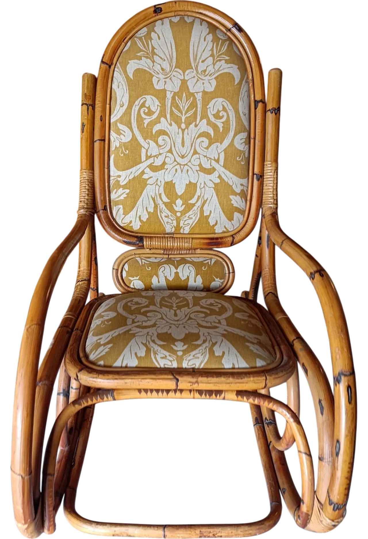 Bamboo padded rocking chair with yellow and white damask fabric, 1980s 7