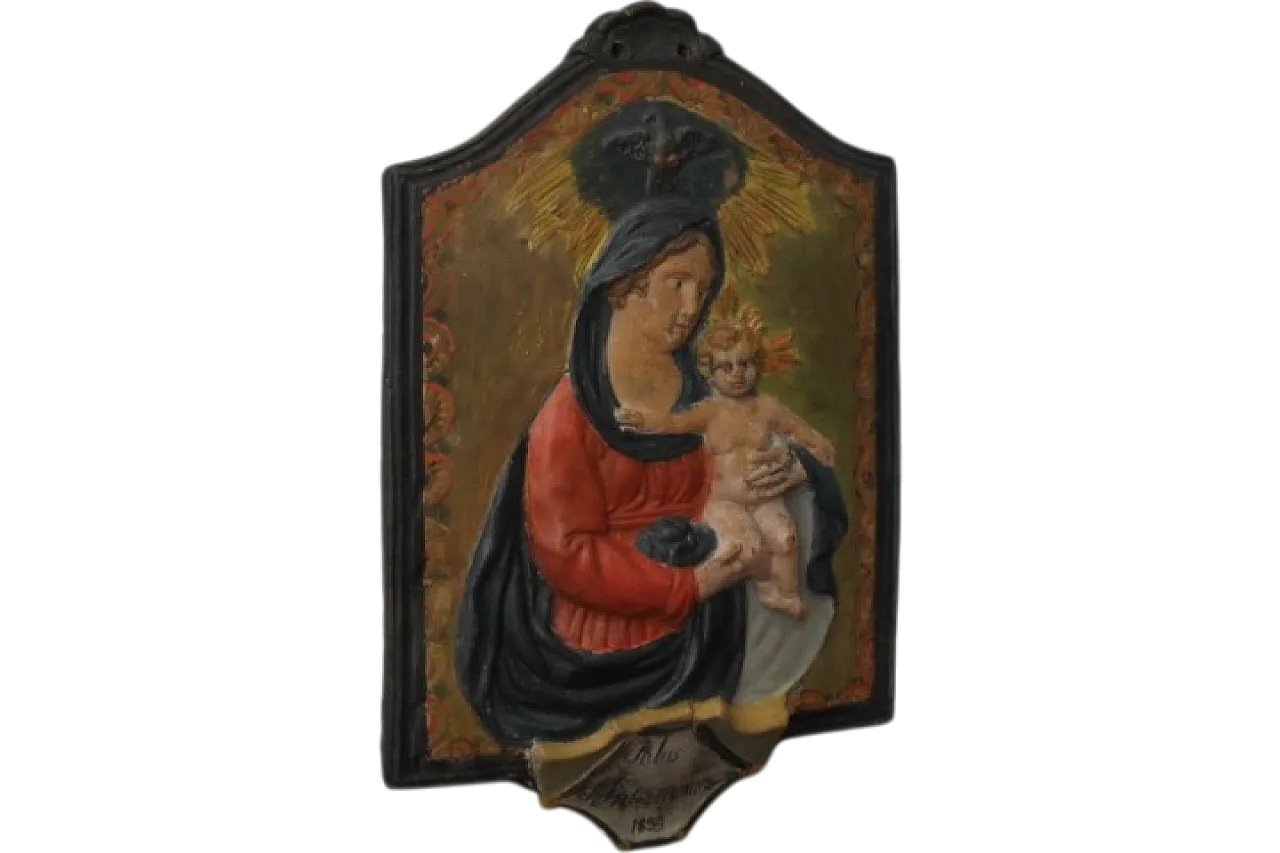 Votive plaque Emiliana Virgin and Jesus. in painted terracotta, 1859 7