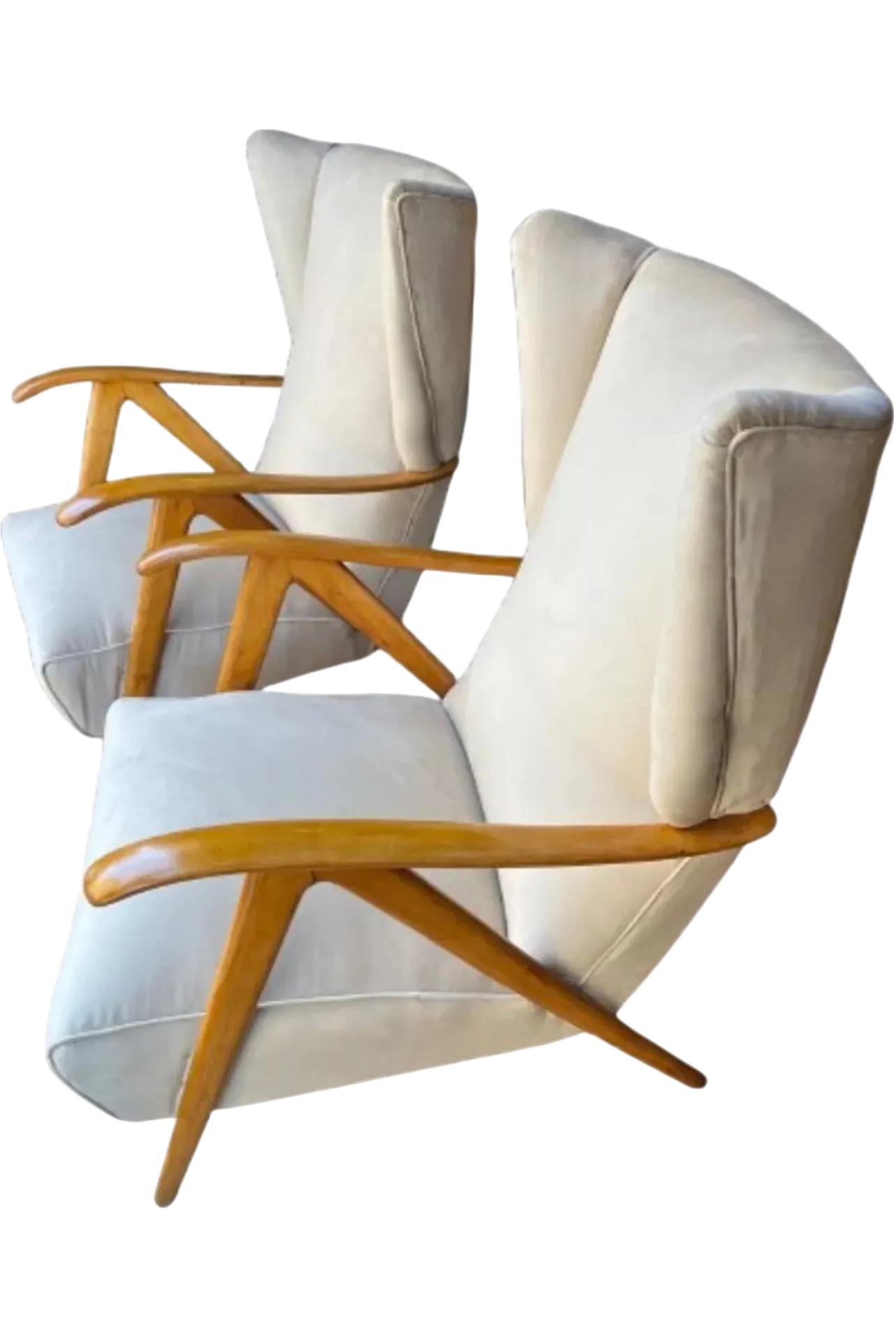 Pair of Modernist Bergere armchairs in beige velvet, 1950s 9