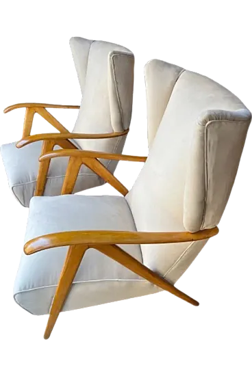 Pair of Modernist Bergere armchairs in beige velvet, 1950s