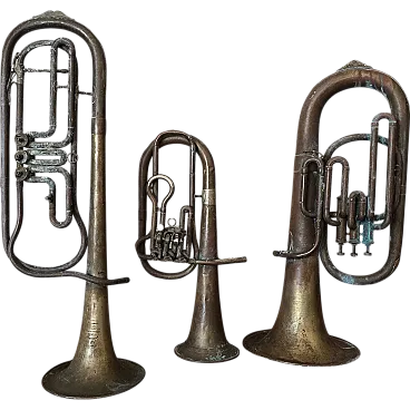 3 Trumpets in copper, 1940s