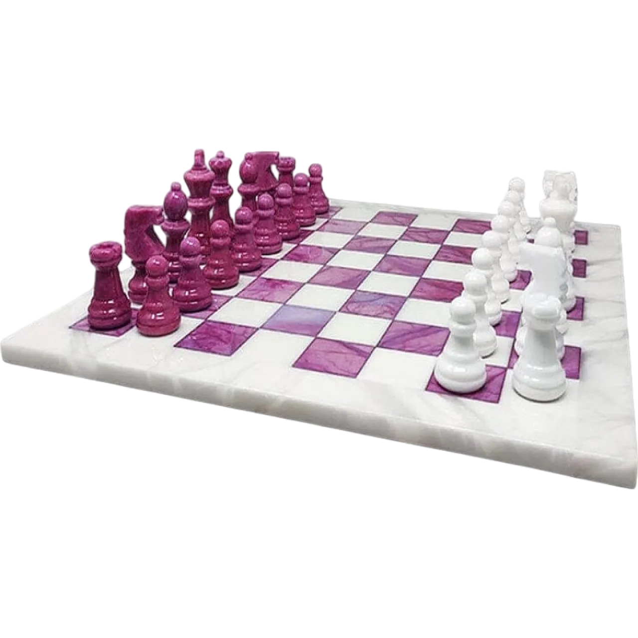 Pink and White Chess Set in Volterra Alabaster Handmade, 1970s 6