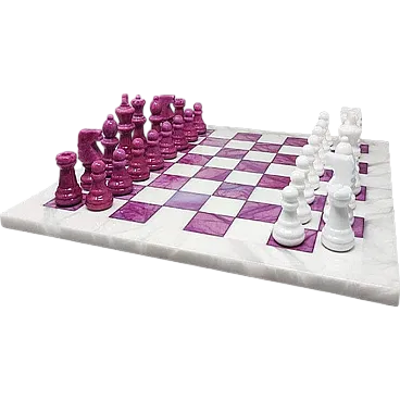 Pink and white chess set in Volterra alabaster handmade, 1970s