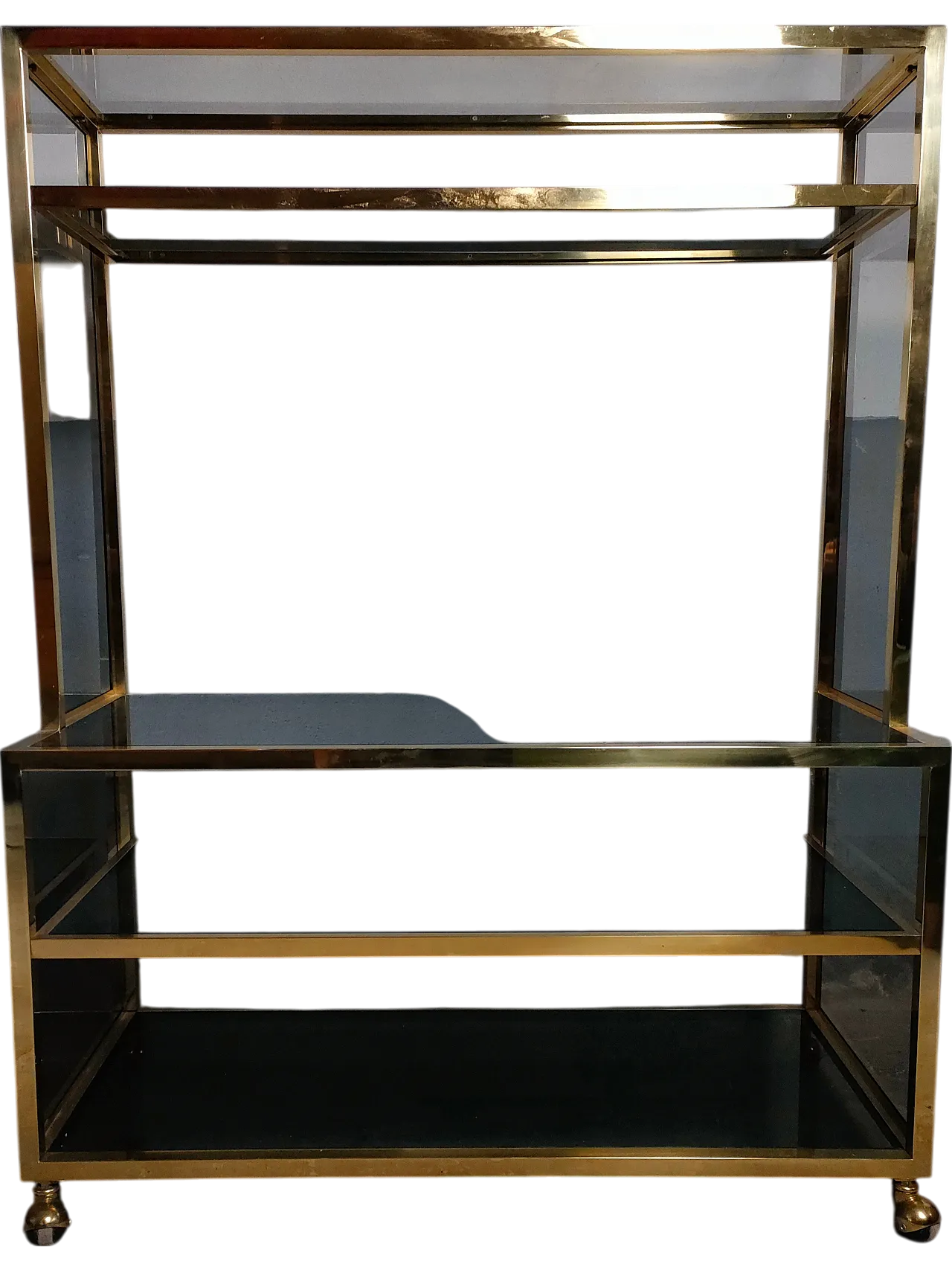 70s TV stand in brass and bronzed glass 17