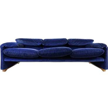 Maralunga 3 seats sofa by Magistretti for Cassina blue velvet, 70s